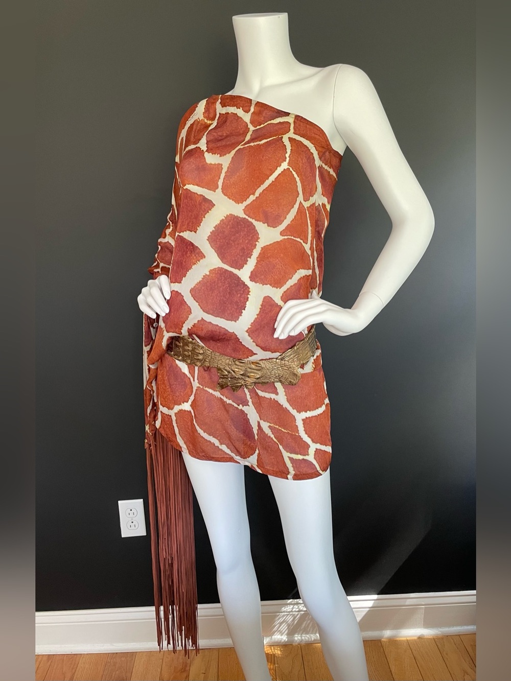 Roberto Cavalli S/S 2006 Vintage One Shoulder Giraffe Dress & Metallic Croc Belt - Picture 3 of 14